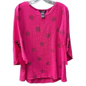 Ali Miles Crinkle Texture Pink Polka Dot Blouse With Button Accents Womens S